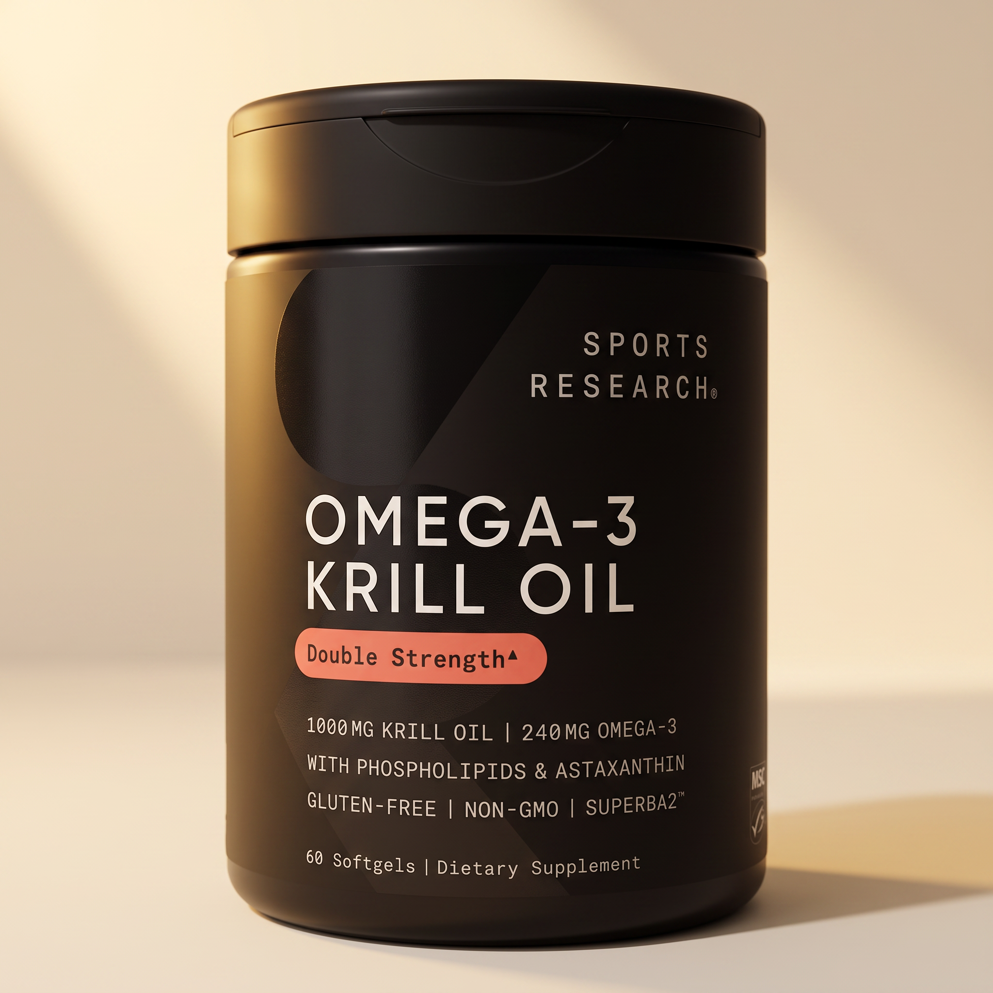 Frasco de Omega-3 Krill Oil Double Strength en luz cálida